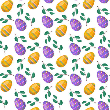 Happy Easter seamless pattern with bright eggs and leaves. Symbol of Christian Spring Holiday. Festive decoration with abstract elements and palm branch on white background. Vector flat illustrationのイラスト素材