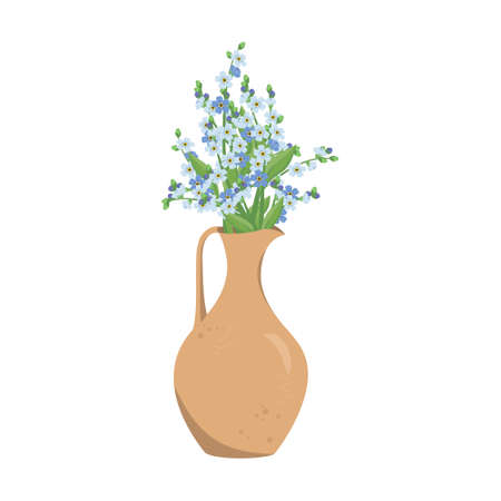 Cute spring and summer bouquet of small blue forget me not flowers with stems and leaves in clay vase or jug. Interior design. Plant shop. Vector illustrationのイラスト素材