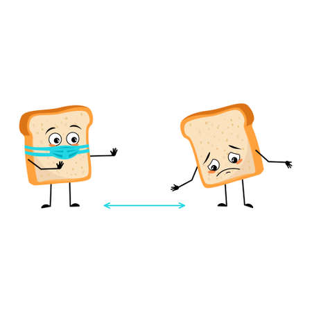 Cute bread character with face in medical mask keep distance, arms and legs. Baking person, homemade pastry with care expression. Vector flat illustrationのイラスト素材