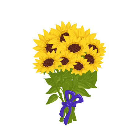 Bright bouquet of sunflower flowers with yellow petals, leaves and bow. Element of nature, plant for decoration and design, gift for holiday. Vector flat illustrationのイラスト素材