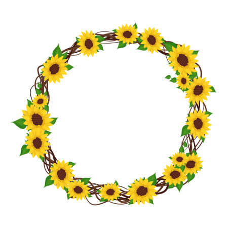 Yellow sunflower wreath with green leaves. Round frame, cute bright flowers with dark hearts. Festive decorations for wedding, holiday, postcard, poster and design. Vector flat illustrationのイラスト素材