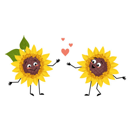 Sunflower character with love emotions, smile face, arms and legs. Plant person with happy expression, yellow sun flower emoticon. Vector flat illustrationのイラスト素材
