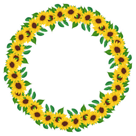 Yellow sunflower wreath with green leaves. Round frame, cute bright flowers with dark hearts. Festive decorations for wedding, holiday, postcard, poster and design. Vector flat illustrationのイラスト素材