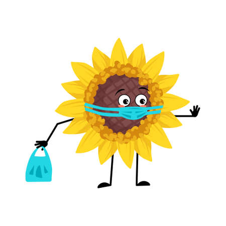 Sunflower character with face in medical mask and keep distance, hands with shopping bag and stop gesture. Plant person with care expression, yellow sun flower emoticon. Vector flat illustrationのイラスト素材