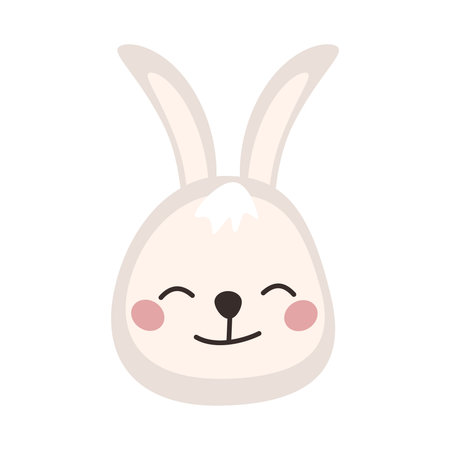 Head of cute hare in childish style with smile muzzle and eyes. Funny rabbit with happy face. Vector flat illustration for holidaysのイラスト素材