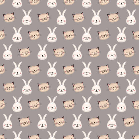 Cute seamless print with Head of rabbit and cat with smile muzzle and eyes. Print of funny hare and kitty with happy face. Vector flat illustration for holidays, children decorationのイラスト素材