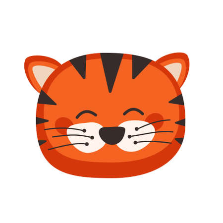 Head of cute tiger in childish style with smile muzzle and eyes. Funny wild animal with happy face. Vector flat illustration for holidaysのイラスト素材