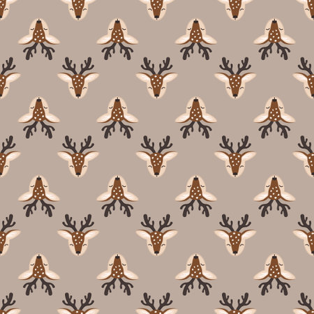 Seamless pattern with cute deer in childish style with smile muzzle, horns and eyes on background. Print of funny wild animal with happy face. Vector flat illustration for holidaysのイラスト素材