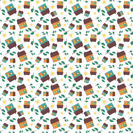 Cute seamless pattern with bright rustic houses, sun and leaves on white background. Cityscape and...