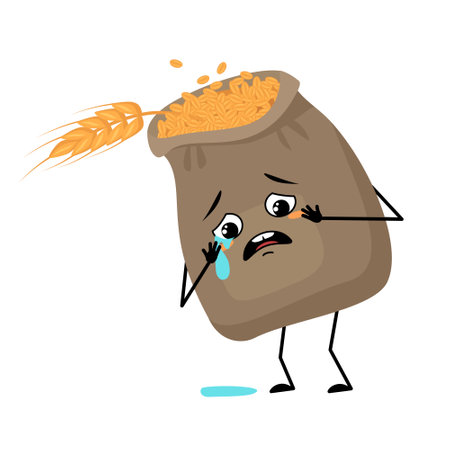 Cute sack of wheat and ear character with crying and tears emotion, sad face, depressive eyes, arms and legs. Cereal crop with melancholy facial expression and pose. Vector flat illustrationのイラスト素材