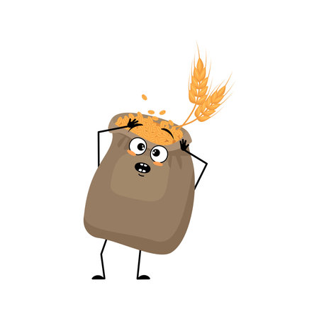 Cute sack of wheat and ear character with panic emotions, surprised face, shocked eyes, arms and legs. Cereal crop with scared facial expression and pose. Vector flat illustrationのイラスト素材