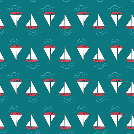 Summer nautical pattern with ships and waves on blue background. Cute print with marine objects. Design for wrapping paper, stationery and textiles. Vector flat illustrationのイラスト素材