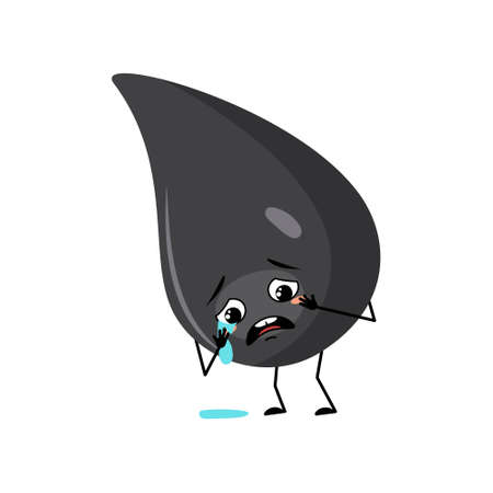 Cute fuel or gasoline drop character with crying and tears emotion, sad face, depressive eyes, arms and legs. Fluid man with melancholy expression, black oil man. Vector flat illustrationのイラスト素材