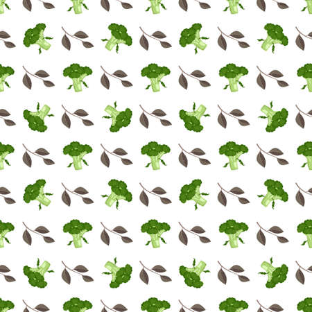 Seamless pattern with broccoli and leaves.Print of vegetable on white background. Food for healthy diet. Natural product suitable for vegetarians. Vector flat illustrationのイラスト素材