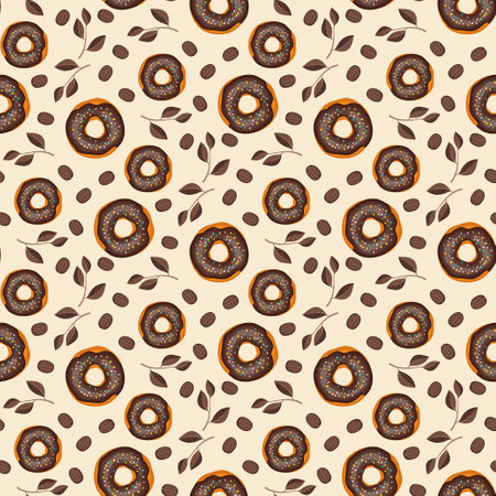 Seamless pattern from glazed donuts, coffee beans and leaves. Print from sweet pastries for birthday, holiday and party. Vector flat illustration of dessert and foodのイラスト素材
