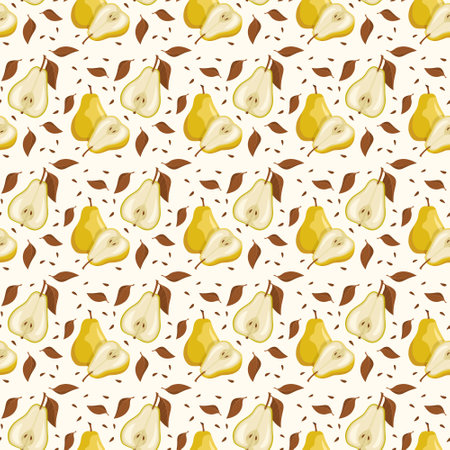 Seamless pattern with yellow pear in monochrome brown colours. Print of whole and half healthy fruits. Background from sweet food for diet. Vector flat illustrationのイラスト素材