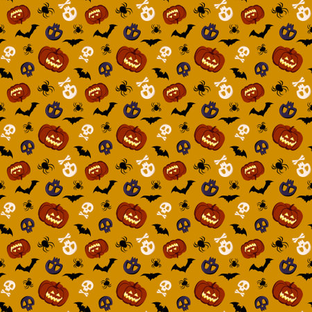 Bright dark seamless pattern with pumpkins, skulls, bats and spiders. Festive autumn decoration for Halloween. Holiday October background for paper print, textile and design. Vector flat illustrationのイラスト素材