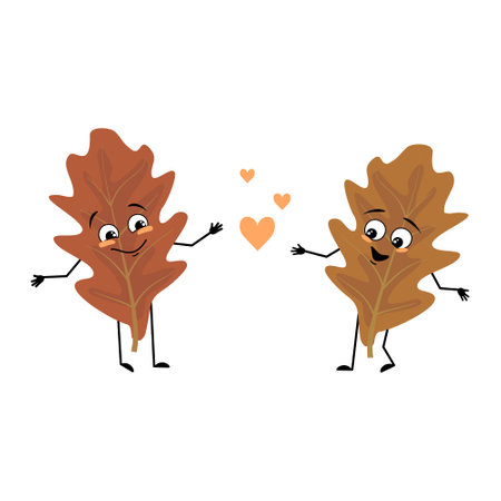 Oak leaf character with love emotions, smile face, arms and legs. Cheerful forest plant in autumn brown colour. Vector flat illustrationのイラスト素材
