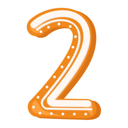 Number two made from glazed gingerbread. Festive font, symbol of Happy New Year and Christmas, sign and numeral of different shapes. Vector flat illustrationのイラスト素材