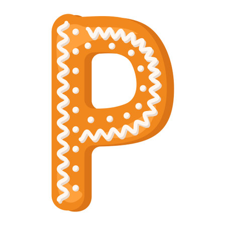 Letter P made from glazed gingerbread. Festive font, symbol of Happy New Year and Christmas, sign and letters of different shapes. Vector flat illustrationのイラスト素材