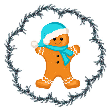 Gingerbread man, decoration for new year, Christmas and holidays in fir tree frame. Character for winter card and design. Vector flat illustrationのイラスト素材