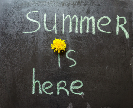 Chalk handwritten inscription Summer is here on a black chalkboard. Bright yellow dandelion part of the inscriptionの写真素材