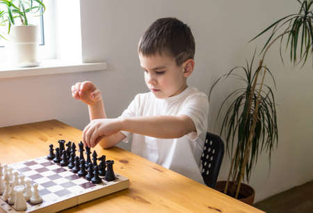 A preschool boy arranges pieces on a chessboard for playing chess. Board games.の写真素材
