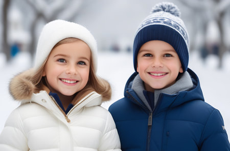 Boy and girl smiling on winter backgroundの素材