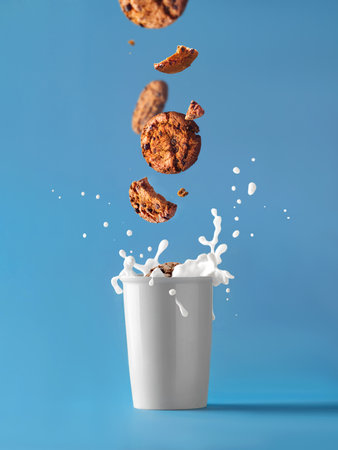 Glass of milk and splash. With cookies levitation. Milk and cookies. food photoの写真素材