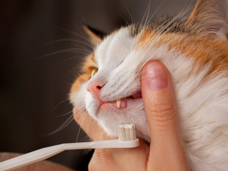 Teeth brushing a cat with a white brush, white red cat close-upの写真素材