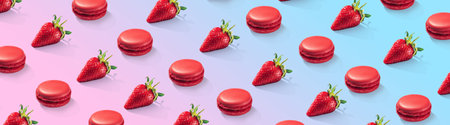 Ripe strawberries pattern. Food pattern. Wide banner. Panoramic. Gradiet backgroundの写真素材