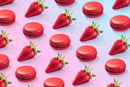 Strawberry macarons with strawberries pattern on gradient background isolatedの写真素材