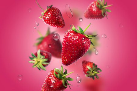 fresh strawberries in bulk with water drops in the air. food levitation.の写真素材