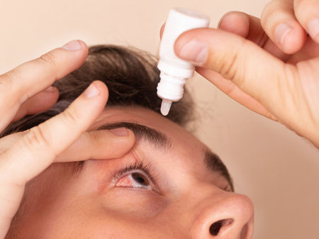 Young man uses eye drops for eye treatment. Redness, Dry Eyes, Allergy and Eye Itchingの写真素材