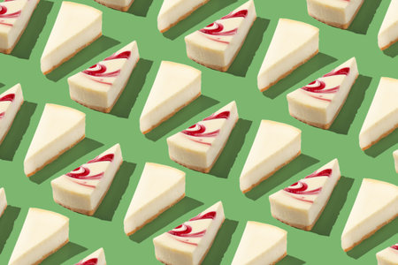 Piece slice cheesecake pattern on green background