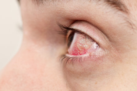 man with red eye in profile close upの写真素材