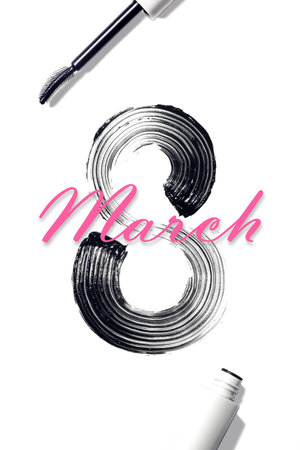 8 march international women's day. Smearing, swatch of mascara in the shape of a figure eight. Creative, minimalism vertical poster white background flat lay pink inscriptionの写真素材