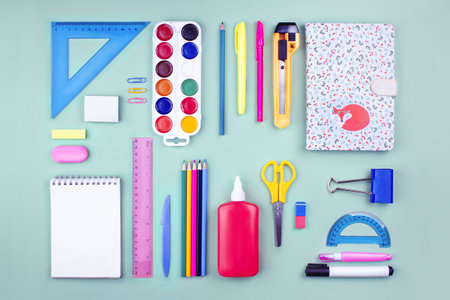 back to school or office concept. Stationery composition layout top view. Pastel colors flat lay