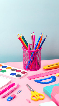 Stationery and school supplies on the table, colorful pencils spinning in a stand. Back to school vertical banner copy spaceの写真素材