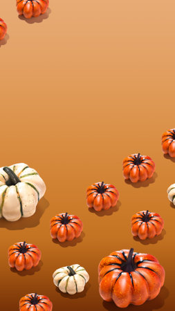 Orange and white pumpkins on orange yellow gradient background vertical banner minimal copy spaceの写真素材