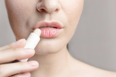 Woman with dry lips, A woman applies a moisturizing lip balm. close up photoの写真素材