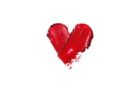 Smearing red heart-shaped lipstick isolated on a white background photo. Red lipstick glossy texture in heart shape. Cosmetic product swatchの写真素材