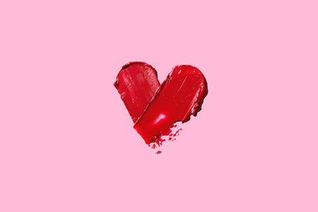 Smearing red heart-shaped lipstick isolated on pink background. Red lipstick glossy texture in heart shape. Cosmetic product swatch Copy space banner photoの写真素材
