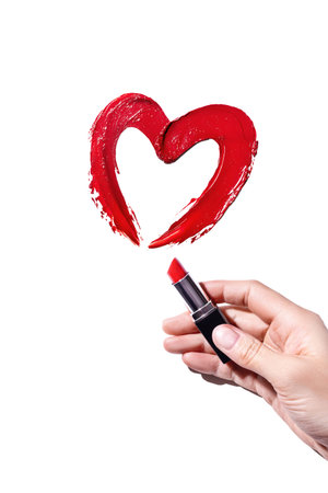 A womans hand draws a heart with red lipstick white background vertical photo Cosmetic product swatch photoの写真素材