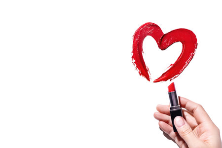 A womans hand draws a heart with red lipstick white background photo copy spaceの写真素材