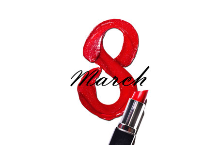 Red eight-shaped lipstick with lipstick banner on a white background. Red lipstick glossy texture in 8 eight shape. 8 march happy international woman day posterの写真素材