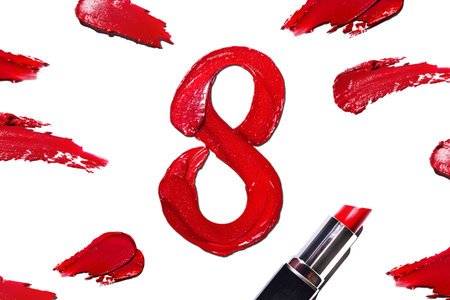 Eight shaped lipstick with lipstick banner on a white background. Red lipstick glossy texture in 8...