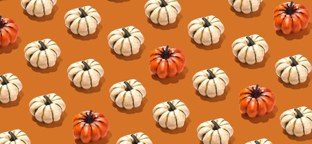 Banner with orange and white pumpkins pattern on orange background. Wallpaper Halloween conceptの写真素材