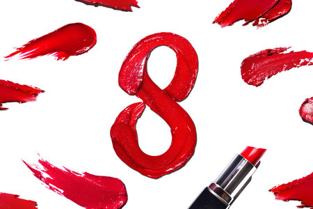 Swatch red eight-shaped lipstick with lipstick banner on a white background. Red lipstick glossy texture eight shape. happy international woman dayの写真素材