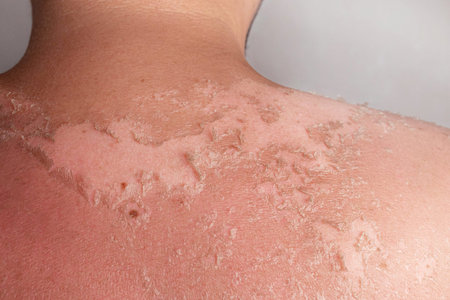 Sunburn on the skin. Back of a man who was burned in the sun. Skin from the burn. Flaky skin from...